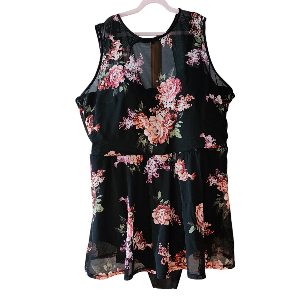 Torrid size 3 black floral underwire short mesh overlay swimdress with brief Nwt